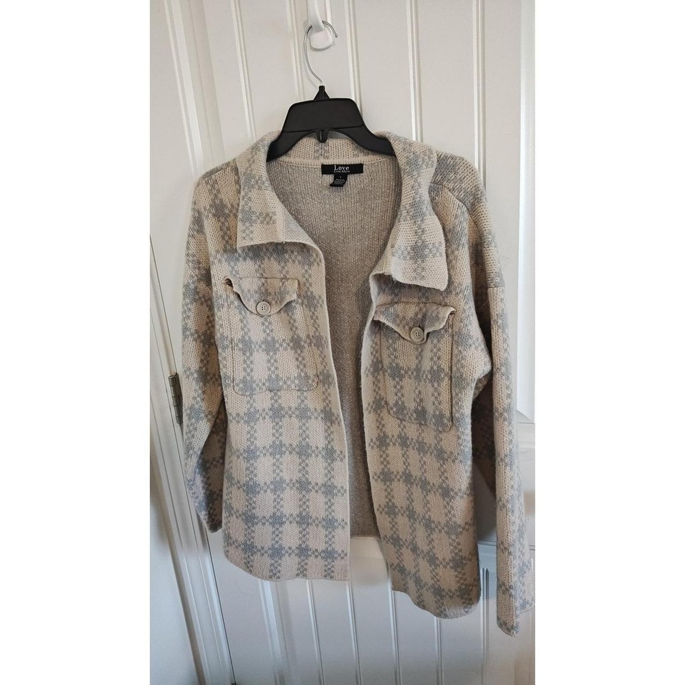Love Ever After Women Tan Grey Plaid Knit Shacket Cardigan Sweater Large